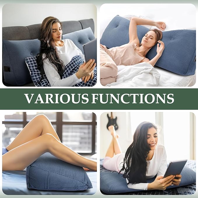 Huatean Home Soft Headboard Pillow Full Size, Wall Backrest Wedge Pillow Headboard Full, Reading Backboard Pillows, Large Dorm Daybed Bolster Pillows for Back Support with Removable Cover, Blue