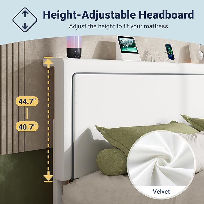 Allewie King Size Lift Up Storage Bed Frame with Charging Station & LED Lights, Adjustable Velvet Upholstered Storage Headboard, Type-C & USB Ports, Hydraulic Support, No Box Spring Needed, White
