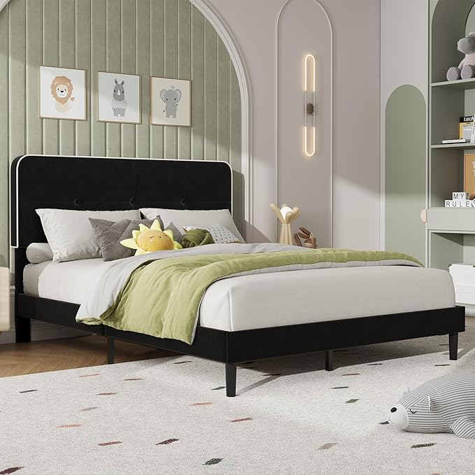 Garvee Full Bed Frame, Velvet Upholstered Platform Bed Frames with Adjustable Headboard, No Box Spring Needed, Anti-Noise EVA Sponge, Sturdy Metal Support, Easy Assembly, Black & White Trim