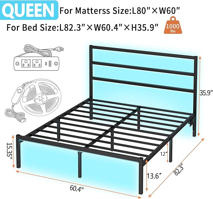 CLIBFENG Queen Size Bed Frame with Headboard,Heavy Duty Steel Slats Support-LED Bed Frame with USB Charging Station,Mattress Foundation-Under Bed Storage,No Box Spring Needed,Noise Free，Black