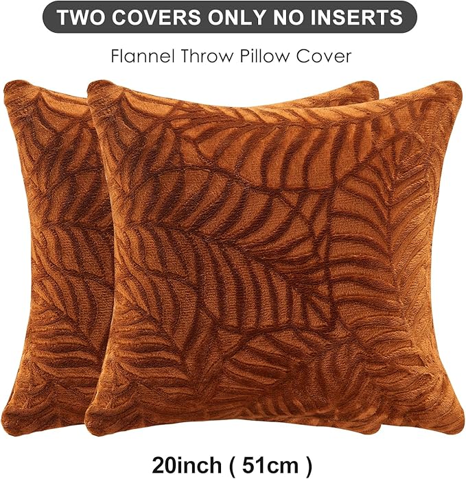 SOCHOW Fall Decorative Throw Pillow Covers 20x20 Inches Set of 2, Soft Leaves Textured Flannel Fleece Pillowcase Square Cushion Covers for Sofa Couch Bed, Caramel