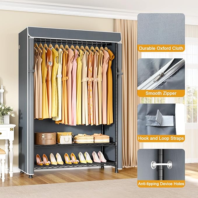 ULIFHOME H5C Plus Clothes Rack with Cover, Portable Closet for Hanging Clothes, Covered Clothing Racks Heavy Duty, Garment Racks with Shelves, Max Load 370LBS, Black Closet Rack with Gray Cover