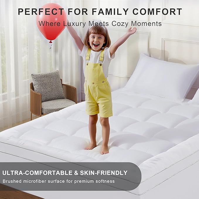2~3In Mattress Topper King Size Breathable Filled Soft Fluffy Supportive for Back Pain Relief, Bed Mattress Pad Pillow Topper with Extra Thick Padded Protector for 8"-21" Deep Pocket