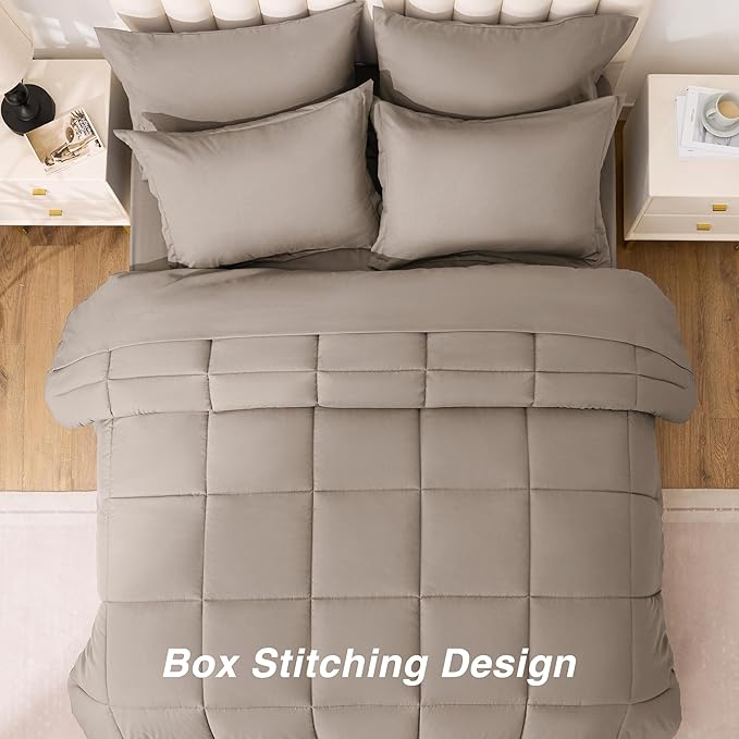 Love's cabin King Size Comforter Set Light Brown, 7 Pieces King Bed in a Bag, All Season Bedding Sets with 1 Comforter, 1 Flat Sheet, 1 Fitted Sheet, 2 Pillowcase and 2 Pillow Sham | Soft, Breathable, Lightweight, Comfortable