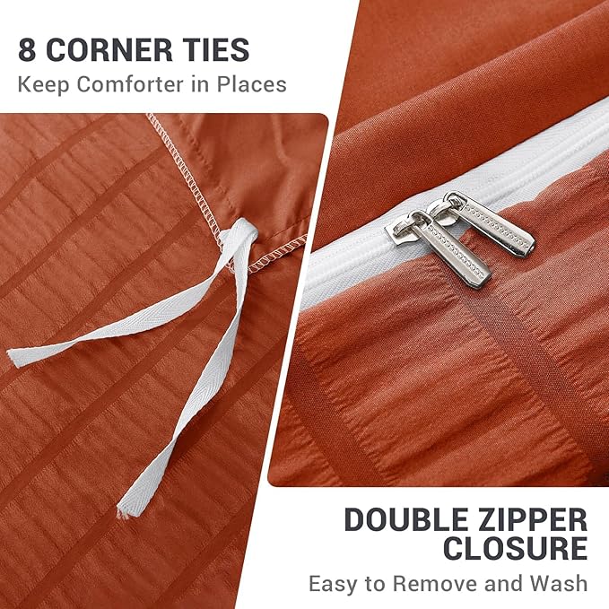 HYMOKEGE Burnt Orange Duvet Cover Queen Size, Ultra Soft 3-Piece Seersucker Duvet Cover Set with Zipper Closure, Soft Brushed Microfiber Bedding Set with 8 Corner Ties (90"x90", 2 Pillowshams)