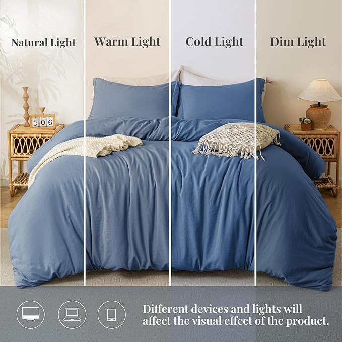 MILDLY Super Soft Duvet Cover - 100% Washed Microfiber Light Denim Comforter Cover Set 3 Pieces with Zipper Closure & Corner Ties (No Comforter)