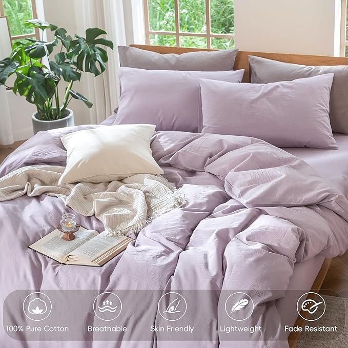 MooMee Bedding Duvet Cover Set 100% Washed Cotton Linen Like Textured Breathable Durable Soft Comfy (Heathered Light Purple, King 104"x90")