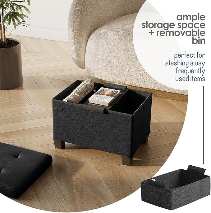 Storage Ottoman Cube with Small Bin, 16-in Square Ottoman with Storage for Living Room and Bedroom, Small Ottomans Foot Rest, Leather Foot Stools Ottomans Max 330lbs, Black