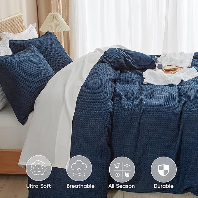 PHF Waffle Weave Duvet Cover Set Twin/Twin XL Size, No Snagging Soft Luxury Textured Breathable Comforter Cover for All Season 2pcs, Durable Bedding Duvet Set with 1 Pillow Sham, 68"x90", Navy Blue