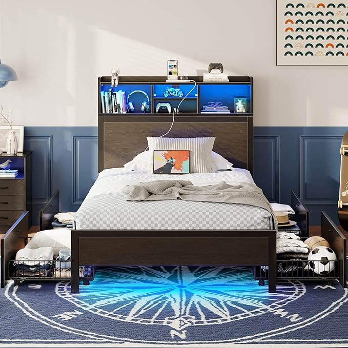 Rolanstar Twin Bed Frame with Storage Headboard & 4 Drawers, Metal Platform Bed with Charging Station, LED Single Bed with Side Shelf, No Box Spring Needed, Easy Assembly, Black