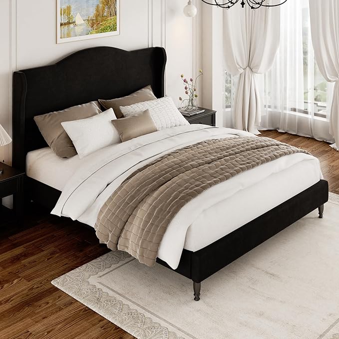 Queen Size Bed Frame with Wingback Headboard, Upholstered Velvet Platform Bed Frame Easy Assemnly, Heavy Duty Wooden Slats Support, Noise-Free, No Box Spring Needed, Minimalist Style, Black