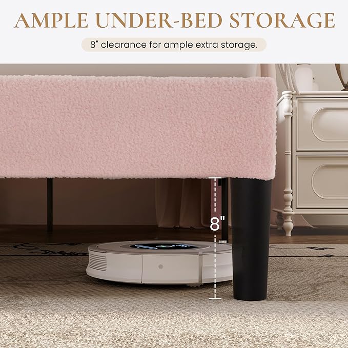 SHA CERLIN Full Size Bed Frame with Soft Teddy Fabric, Boucle Upholstered Platform Bed, Curved Headboard Design, Wooden Slats Support, Noise-Free, No Box Spring Needed, Easy Assembly, Pink