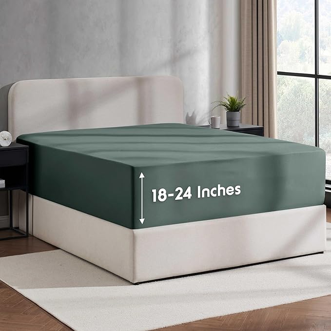 Nestl Forest Green California King Fitted Sheet Extra Deep Pocket, Hotel Luxury Cal King Fitted Sheet Only Easily Fits 18 to 24 Inch Mattress, Super Soft, Wrinkle-Free, Breathable with Corner Straps