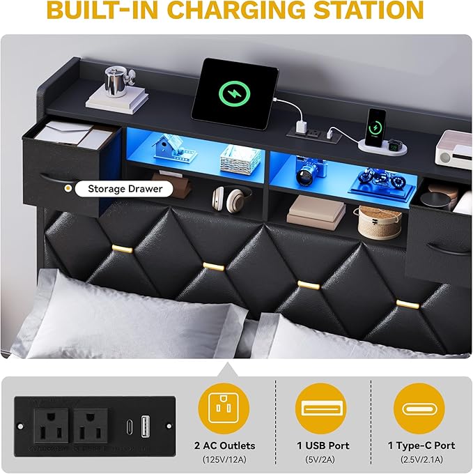 YITAHOME Full Size Bed Frame with 2 Storage Drawers and Storage Headboard, Upholstered Platform with Charging Station and LED Light, No Box Spring Needed, Noise Free, Easy Assembly, PU Leather Black