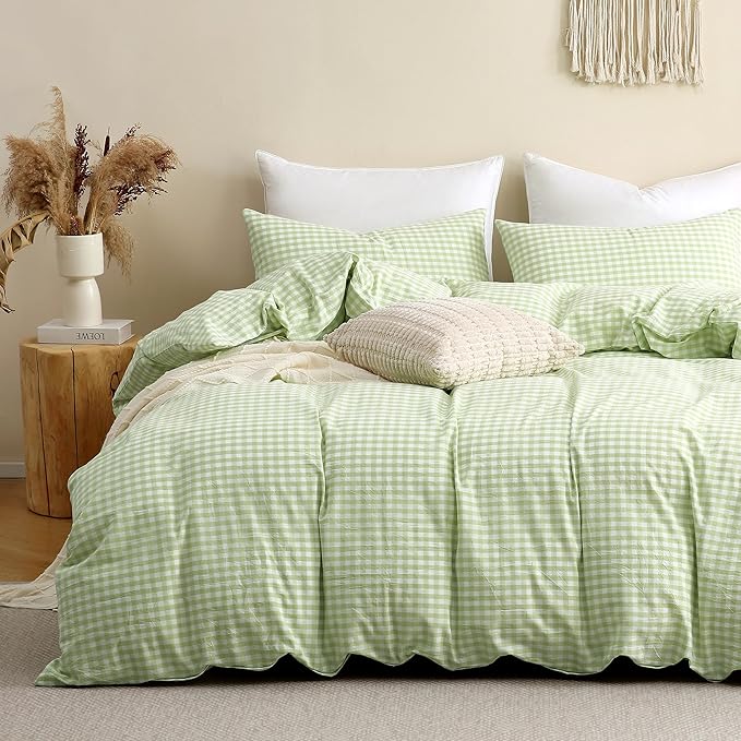 TOCOMOA Plie Green Gingham Duvet Cover Bedding Set 100% Washed Cotton Like Linen Feel Super Soft Comfy 3 Piece Vintage Plaid Checkered Comforter Cover Set (Queen 90"x90", Comforter Not Included)