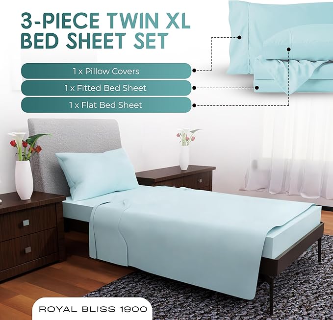 Twin XL Sheet Sets - 3 Pcs Set - Fade Resistant Double Brushed MicrofiberDeep Pocket Twin XL Sheet Sets, Cooling Sheets Twin XL, XL Twin Bed Sheets, Twin XL Bedding Set (Aqua)