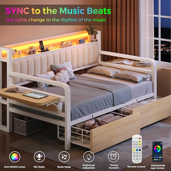 Jocoevol Twin Corner Bed Frame with Storage Drawers and LED Light, Heavy Duty Metal Daybed with Upholstered Storage Headboard & Charging Station, Twin Size Day Bed for Kids Teens Guests, White