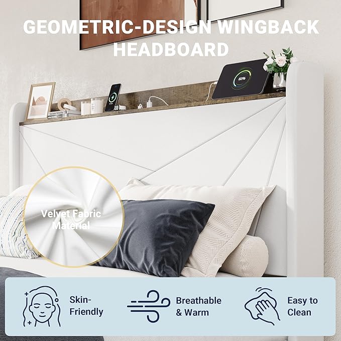 Allewie Full Size Velvet Bed Frame with 3 Storage Drawers, Upholstered Platform Bed with Wingback Storage Headboard and USB Ports, No Box Spring Needed, Easy Assembly, White