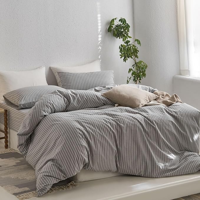MooMee Striped Duvet Cover Set 100% Washed Cotton Linen Like Textured Breathable Durable Soft Comfy (Light Grey White Wide Stripes, Twin 68"x90")
