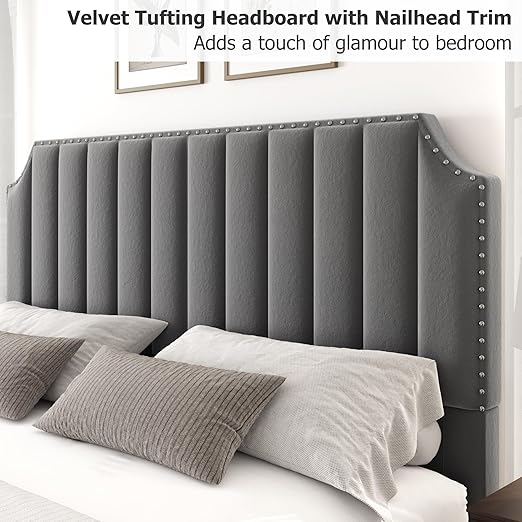 GarveeHome King Size Platform Bed Frame with 50.2 in Headboard, Velvet Upholstered Bed Frame with Vertical Channel Tufted Headboard & Footboard, Nailhead Trim, No Box Spring Needed, Grey