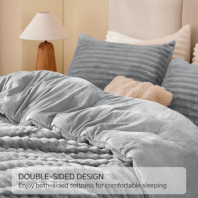 BEDELITE Fleece Twin Comforter Set -Super Soft & Warm Fluffy Light Grey Bedding, Luxury Fuzzy Heavy Bed Set for Winter with 1 Pillow case