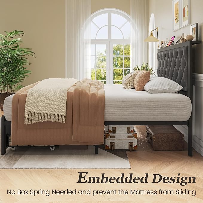 Fluest Queen Bed Frame with 2 Storage Drawers, Upholstered Headboard Button Tufted Bed Frame with Charging Station, No Box Spring Needed, Noise-Free, All Metal Structure, Grey