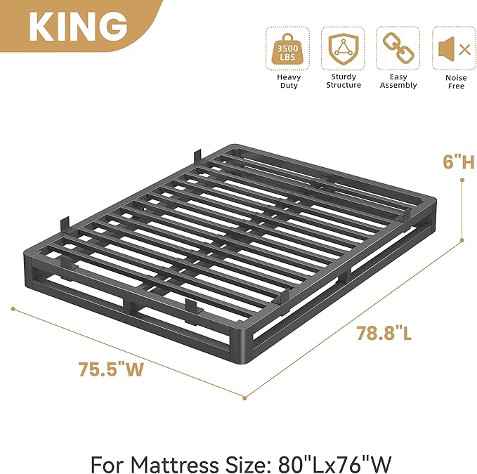 6 Inch King Size Bed Frame with Rounded Corner and Squeak Free U-Slot Design, Metal Platform Bed Frames 6 Non-Slip Guards, 3500lbs Heavy Duty Steel Slat Support, No Box Spring Needed, Black