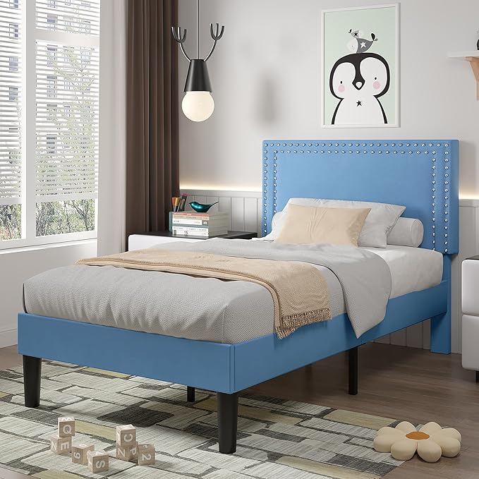 VECELO Twin Size Platform Bed Frame with Height Adjustable Upholstered Headboard, Modern Mattress Foundation,Strong Wood Slat Support, No Box Spring Needed, Easy Assembly, Light Blue