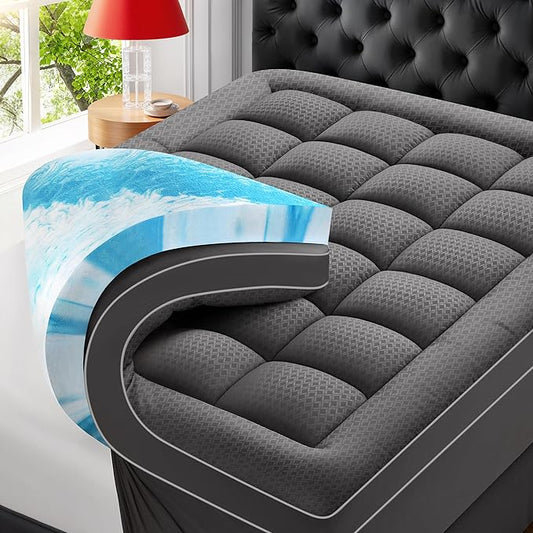 Premium Dual Layer 4 Inch Memory Foam Mattress Topper, 2 Inch Gel Memory Foam and 2 Inch Pillow Top Mattress Pad Cover for Back Pain, Extra Thick Comfort Support（King 78"x80"） Grey