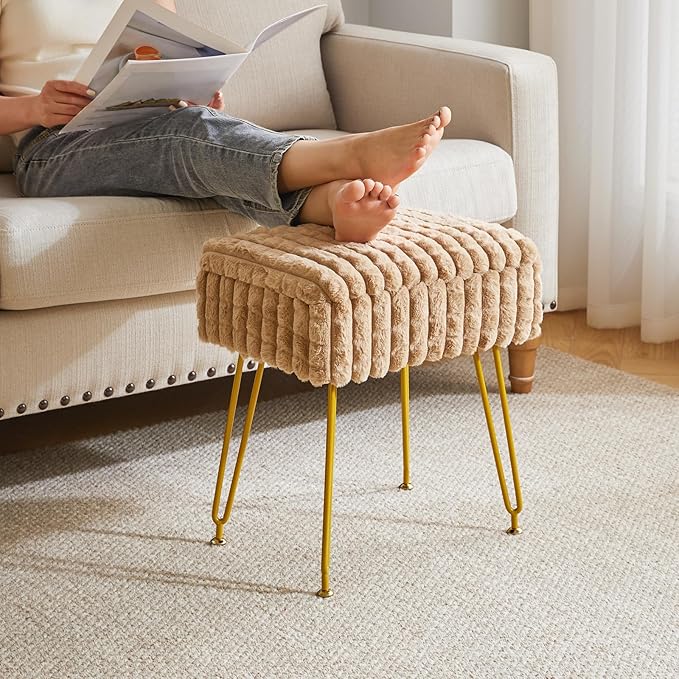 IBUYKE Rectangle Vanity Chair with Storage Space, Footrest Footstool Ottoman, Vanity Stool, Dressing Table Chair, with Anti-Slip Feet, for Makeup Room, Bedroom, Square Grid Pattern, Khaki WBD004K