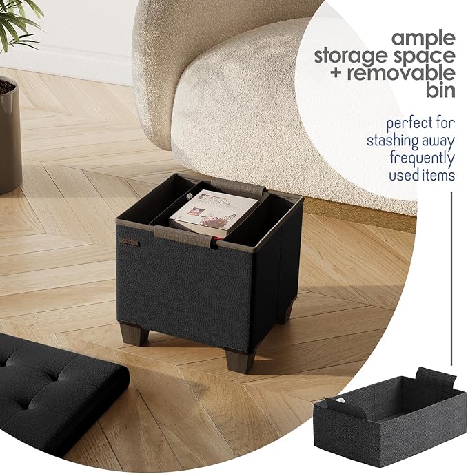 Storage Ottoman Cube with Small Bin, 15-in Square Ottoman with Storage for Living Room and Bedroom, Small Ottomans Foot Rest, Faux Leather Foot Stools Ottomans Max 330lbs, Black