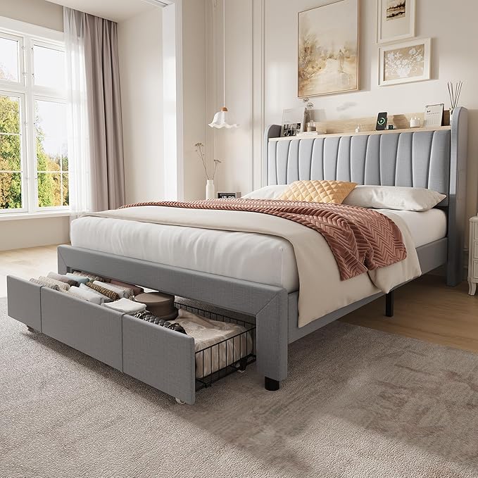 Garvee Upholstered Bed Frame Full Size with Storage Headboard and Charging Station, Platform Bed Frame with Drawers, Heavy Duty, No Box Spring Needed, Easy Assembly, Light Grey