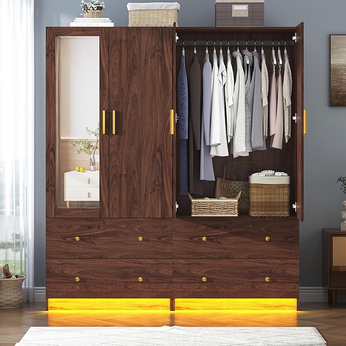 chartustriable 2 Doors Armoire Wardrobe Closet with Mirror, LED Closet with Doors and Drawers, Wooden Wardrobe Storage Cabinet with Hanging Rod, Small Armoire, Brown
