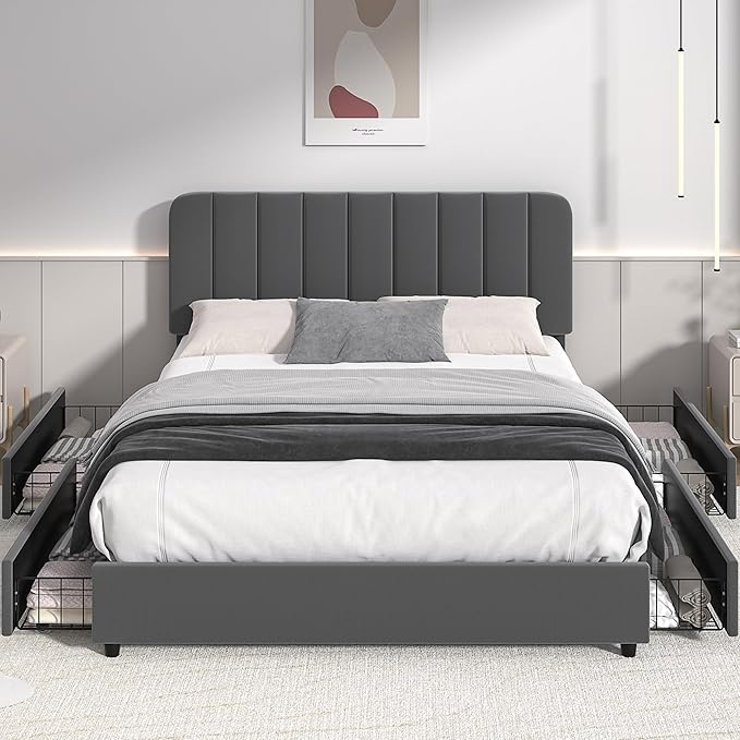 VECELO Full Size Upholstered Bed Frame with 4 Drawers and Headboard, Velvet Platform Storage Bedframe, Wooden Slats Support, No Box Spring Needed,Dark Grey