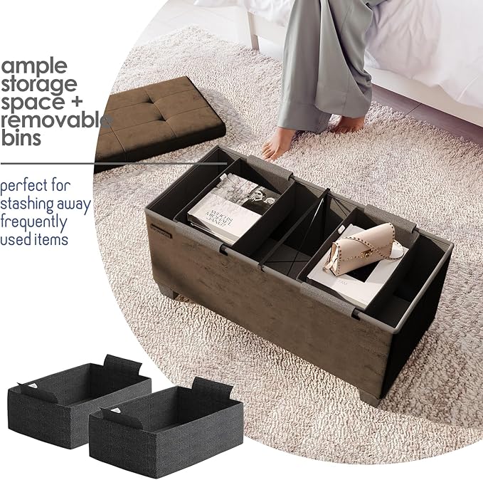 Storage Ottoman Bench with Bins, 30-in Storage Bench for Bedroom End of Bed, Folding Foot Rest Ottoman for Living Room Max 660lbs, Velvet Ottomans, Brown