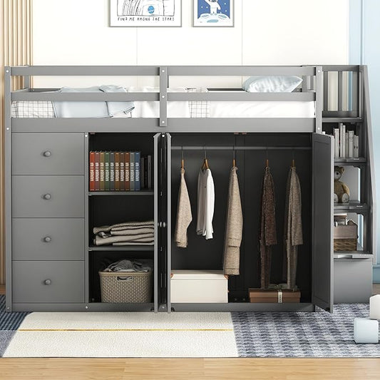 Full Size Wood Loft Bed with Built-in Wardrobes, Solid Wood Loft Bed Frame with Cabinets and Drawers, No Box Spring Needed, Grey