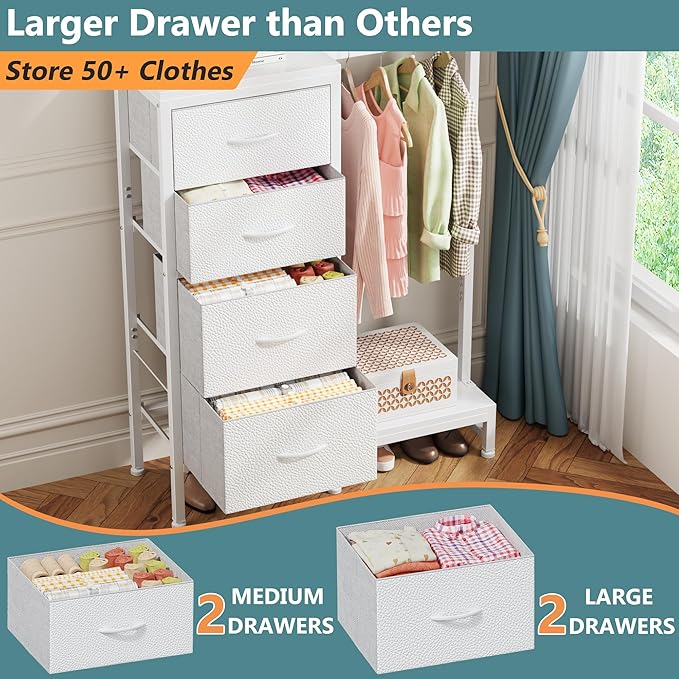 HIGDBFE Tall Dresser 44''H with Hanging Rack, 4 Drawers Small Closet Dresser for Bedroom, Reversible Fabric Chest of Drawers with Clothes Rack, Tall Storage Tower, Sturdy Frame, White
