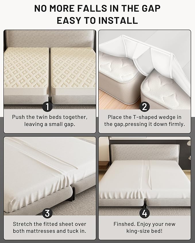 Upgraded 3-In-1 Bed Bridge Twin to King Converter, Split King Gap Filler for Adjustable Bed with Fitted Sheet, for King Size Mattresses, Mattress Connector to Close Gap, No-Slip Mattress Bridge, White