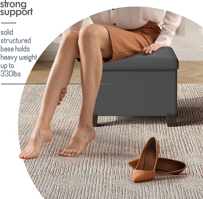 Storage Ottoman Cube with Small Bin, 16-in Square Ottoman with Storage for Living Room and Bedroom, Small Ottomans Foot Rest, Leather Foot Stools Ottomans Max 330lbs, Grey