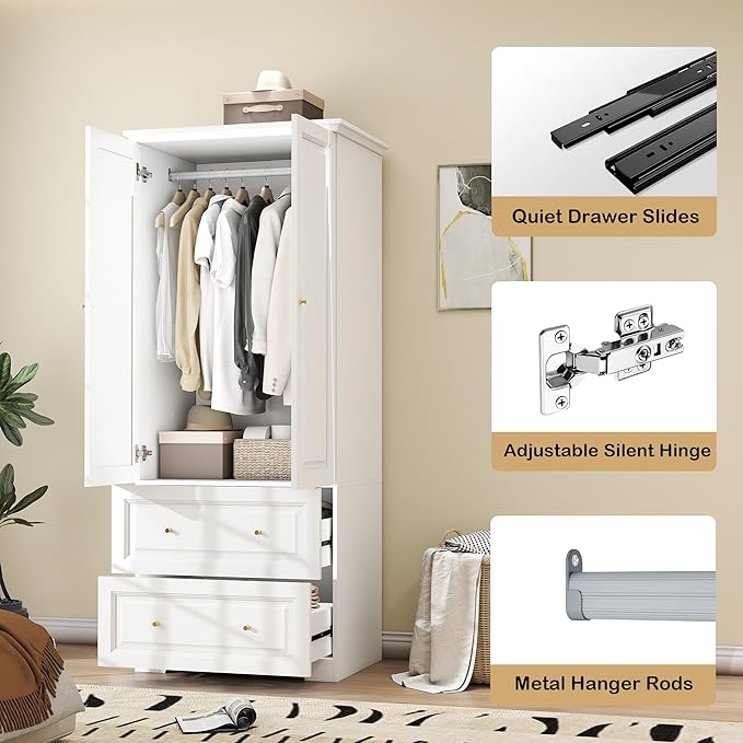 Bedroom Armoires Wardrobe Closet with 2 Doors: 74" White Wardrobe Cabinet with 2 Drawers, Modern Wood Closet for Hanging Clothes, Large Wardrobes Storage Closets (White, 31.4")