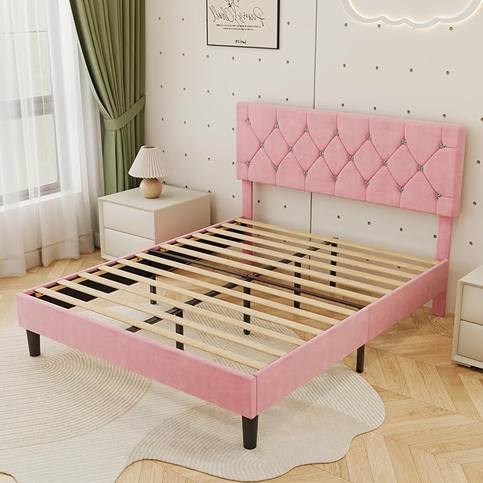 VECELO Queen Size Bed Frame with Diamond Tufted Headboard, Upholstered Platform Bedframe with Wood Slat Support, No Box Spring Needed, Mauve Pink