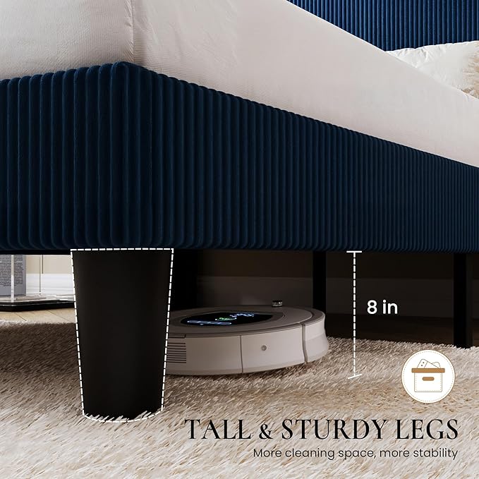 SHA CERLIN Queen Size Corduroy Upholstered Platform Bed Frame with Vertical Channel Tufted Wingback Headboard, 8" Under Bed Storage, Wooden Slats & Metal Frame Support, Easy Assembly, Dark Blue