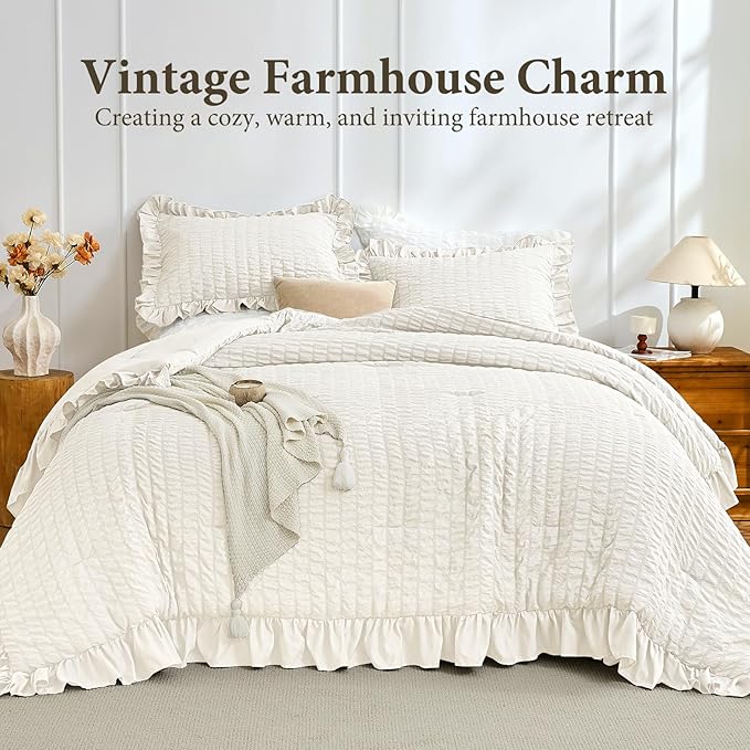 JOLLYVOGUE Ivory Twin Size Comforter Set, 2 Pieces Seersucker Lightweight Fluffy Bedding Set, Twin Ruffle Comforter, All Season Soft Microfiber Shabby Chic Bed Set