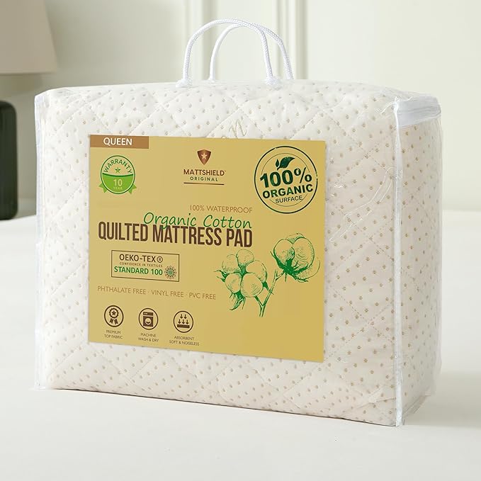 Luxury Quilted Organic Cotton Mattress Protector Queen Size - Premium 380 GSM Waterproof & Breathable Pad - Deep Pocket Fitted Cover - Soft & Silent Protection