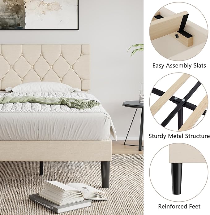VECELO Twin Size Bed Frame with Button Tufted Headboard, Upholstered Platform Bedframe with Wood Slat Support, No Box Spring Needed, Dark Beige