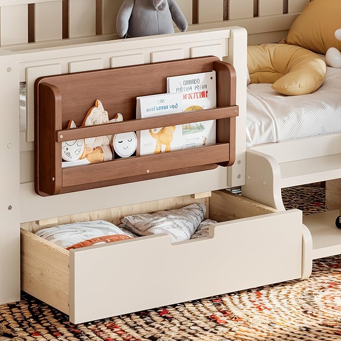 Bellemave Twin Size Kids Montessori Bed with Stairs and Bookshelf,Solid Wood Twin Size Kids Bed Frame with Drawers and Storage for Girls Boys,Low-Profile,Beige