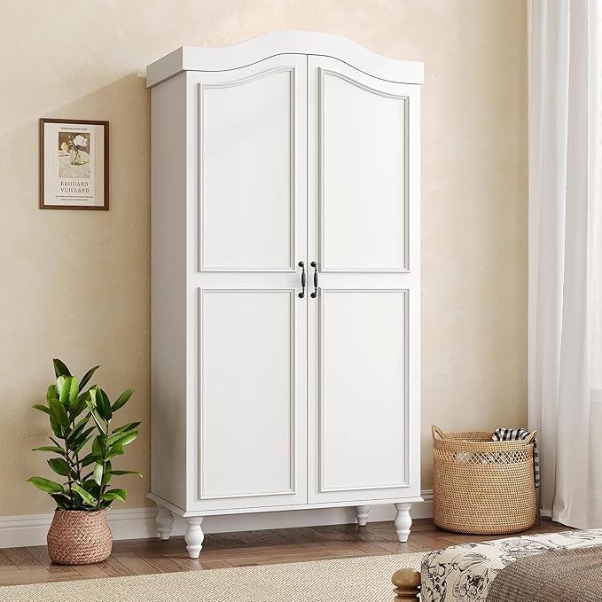 Arched Armoire Wardrobe Closet with 2 Doors, 71" H Wooden Wardrobe Cabinet with Hanging Rod and Shelves, Freestanding Armoire Storage Cabinet for Bedroom, Cloak Room, White