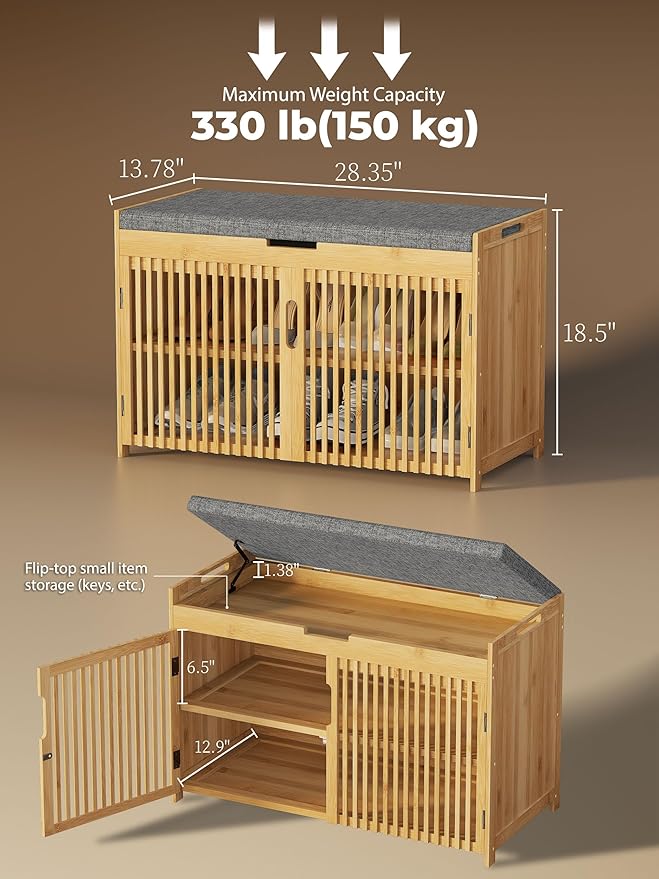 WISUCART Shoe Storage Bench with Cushion Seat, Bamboo Entryway Shoe Rack Bench, 2-Tier Shoe Organizer for Entryway, Bedroom, Hallway, Living Room, Holds Up to 330 lbs, Nature