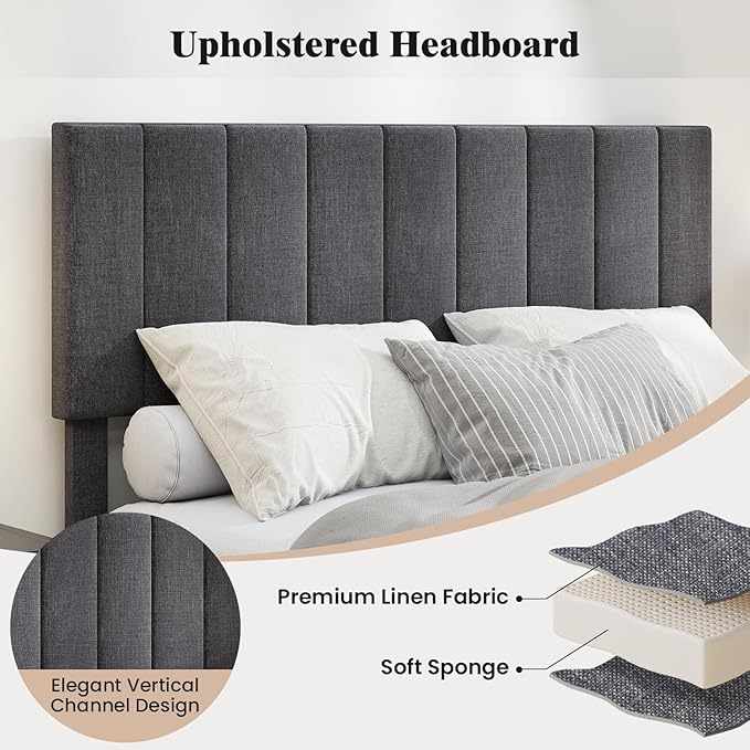 Giantex Full Size Upholstered Bed Frame, Platform Bed with Height Adjustable Vertical Channel Headboard, Wooden Slats Support Mattress Foundation, No Box Spring Needed, Noise Free, Grey