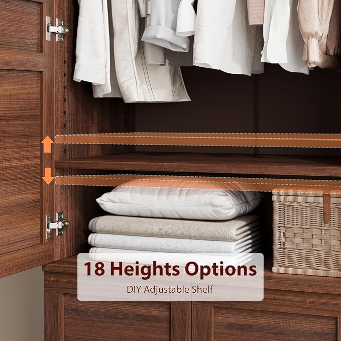 GarveeHome 72" Tall Armoire Wardrobe Closet with 4 Doors, Large Wooden Wardrobe Cabinet with Hanging Rod and Adjustable Shelves, Freestanding Clothing Storage Cabinet for Bedroom, Walnut Brown